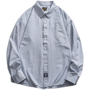 日系复古条纹衬衫男2024春秋季宽松衬衣外套休闲百搭潮流长袖上衣