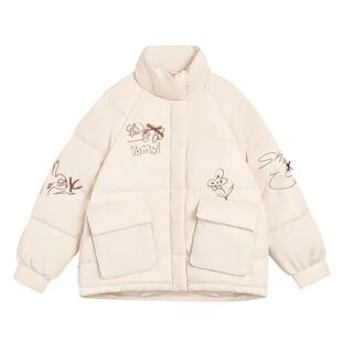 紫涵短款立领羽绒服女2025冬季新款工装口袋趣味刺绣宽松鸭绒外套