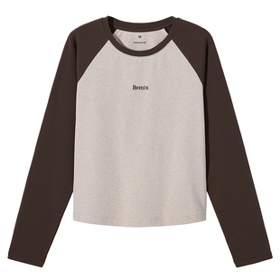 热风女士插肩袖长袖T恤上衣2026年春季新款撞色小个子百搭打底衫