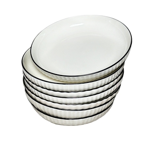 8英寸山田盘子菜盘家用陶瓷纯色釉下彩简约竖纹圆形深盘菜盘碟子