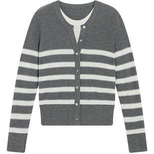 KBNE羊毛灰色假两件条纹气质亨利领针织衫女2026秋季新款长袖上衣