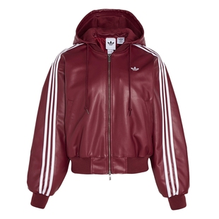 阿迪达斯三叶草女装2025冬季新款皮面防风保暖运动连帽棉服外套