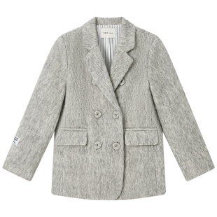 Halo Luu灰色毛呢西装外套女冬韩系巨好看夹棉加厚高级感呢子大衣