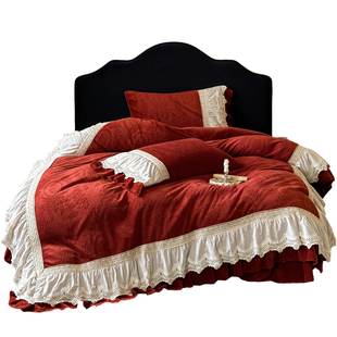 法式浪漫喜庆红色牛奶绒四件套冬季保暖床单荷叶边被套床盖式床品