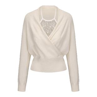 LACERTA2025秋冬新款奶白色蝙蝠袖亮片挂脖两件套羊毛针织毛衣女