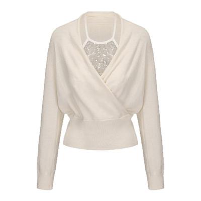 LACERTA2025秋冬新款奶白色蝙蝠袖亮片挂脖两件套羊毛针织毛衣女