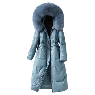 海宁真皮衣女外套中长款连帽狐狸毛领90白鸭绒新款绵羊皮羽绒服