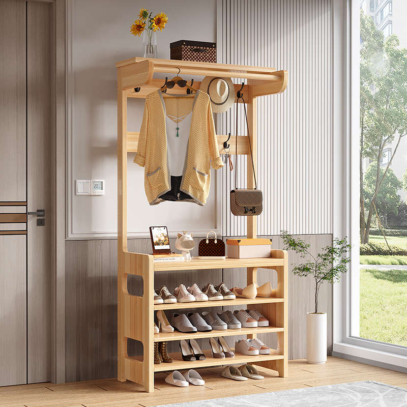 衣帽架落地实木挂衣架鞋架组合玄关多功能入户客厅置物架一体门口