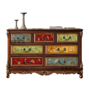 美式乡村复古实木斗柜收纳柜轻奢卧室欧式五斗柜玄关柜客厅彩绘