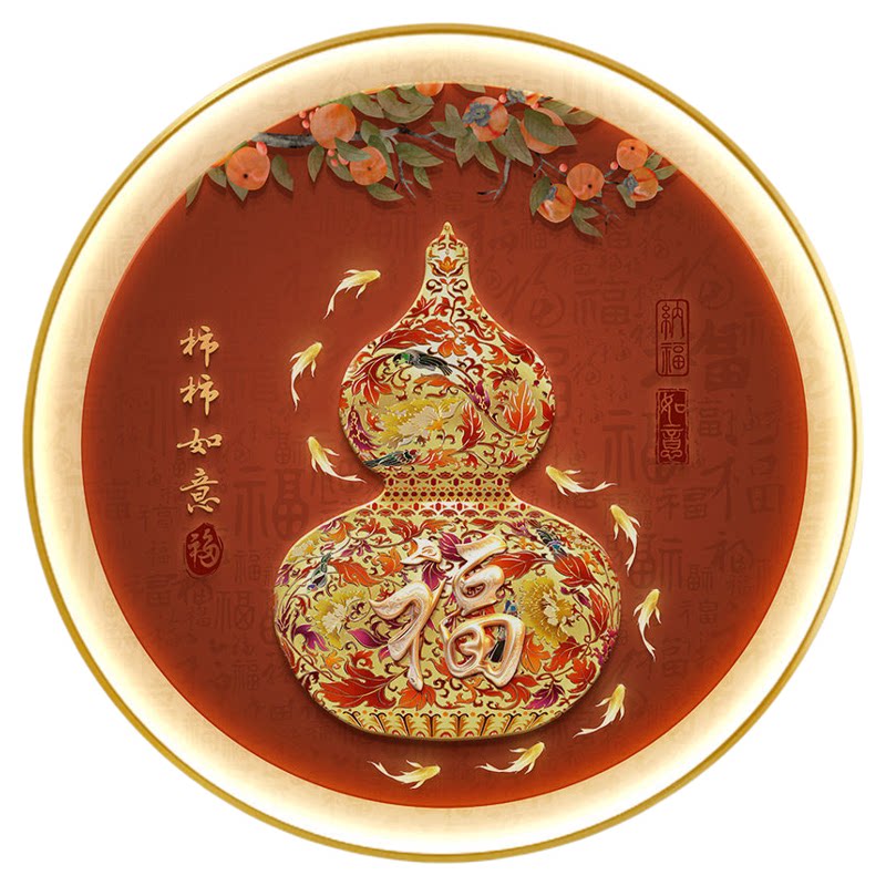 五福临门新中式玄关装饰画圆形葫芦入户门茶室挂画柿子餐厅壁灯画