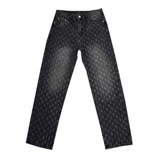 设计感满印提花黑色牛仔裤男款休闲痞帅直筒裤子欧美高街复古长裤