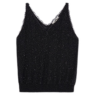 【商场同款】HPLY荷比俪2025冬新款绵羊毛V领蕾丝拼接亮片小背心