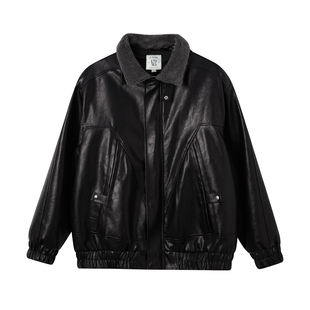 LR MADE 25AW 可拆卸绒领 内里保暖仿羊羔绒 复古PU皮夹克外套