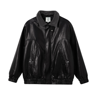LR MADE 25AW 可拆卸绒领 内里保暖仿羊羔绒 复古PU皮夹克外套