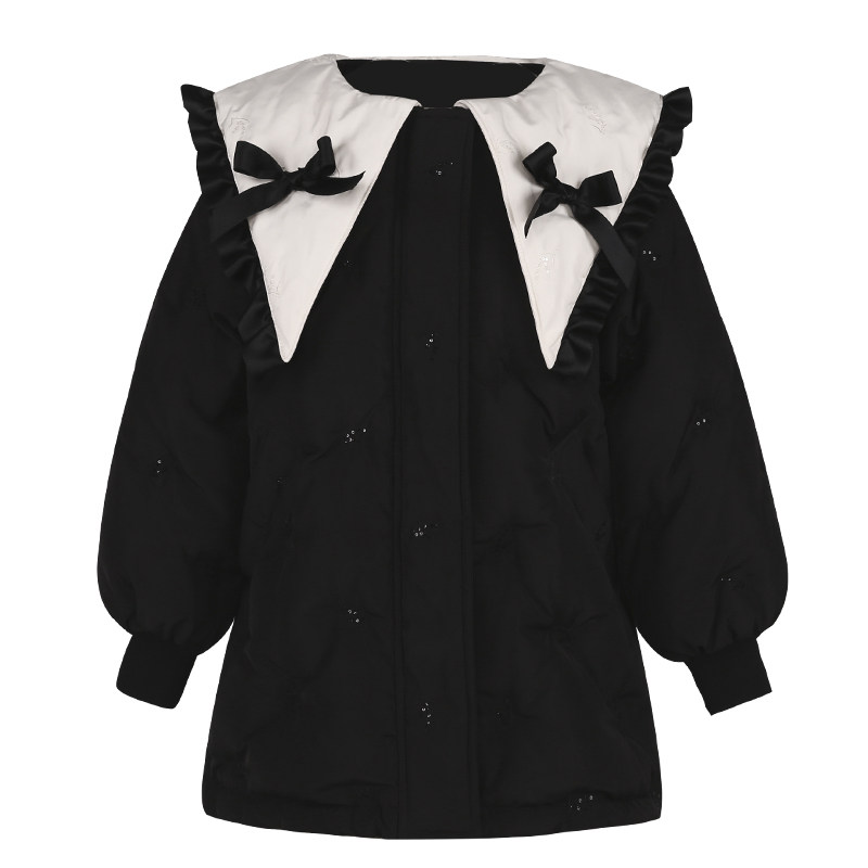 女童羽绒服中长款披肩花边刺绣