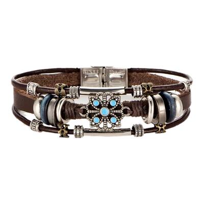 Vintage flower Turquoise men's Leather Bracelet绿松石皮手链
