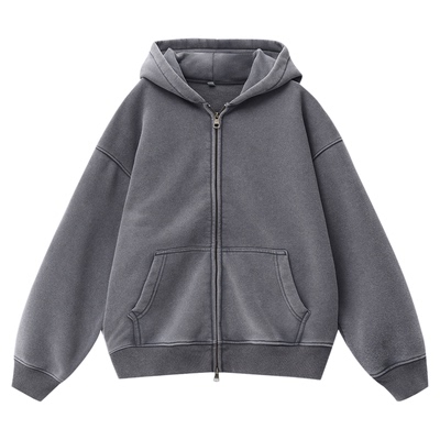 美式复古做旧加绒连帽卫衣女外套