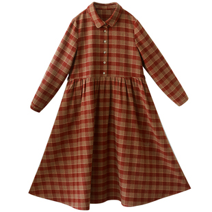 【沐光而行】文艺衬衫领格纹毛呢连衣裙宽松减龄裙羽绒马甲女冬季