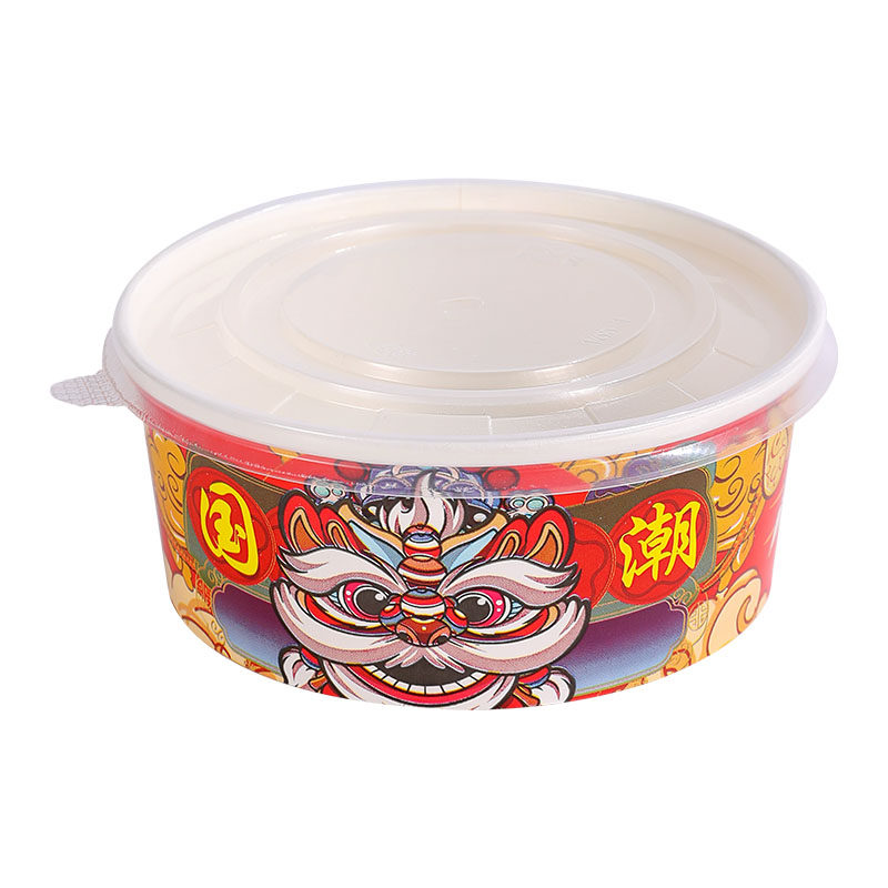 圆形国潮风牛皮纸碗加厚带盖