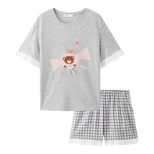 三福女夏季卡通圆领睡衣套装 甜美荷叶边宽松短袖家居服517794