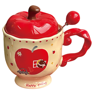 新年礼物陶瓷杯子可爱红苹果高脚杯带盖勺高颜值情侣水杯伴手礼女