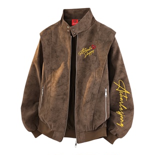 查尔斯桃心 美式高街拼接立领夹克男春上新潮流宽松休闲情侣外套