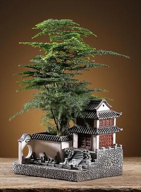 中式苏州园林微景观桌面树脂摆件客厅家居装饰办公室造景房子花盆
