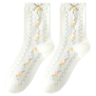 袜子女2026春夏新款女士棉袜少女可爱卡通绿色女袜森系女士中筒袜