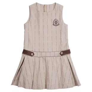 memoryin童装连衣裙收腰无袖字母细条纹刺绣学院风百褶提花连身裙