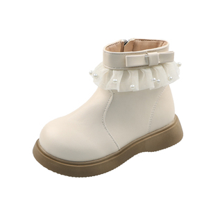 女童马丁靴网纱边珍珠公主鞋单靴2025秋冬新款女孩小皮鞋儿童短靴