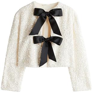 HM女装短外套冬季时尚蝴蝶结礼服圆领亮片长袖短款开衫1258249