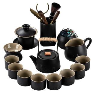山行黑陶功夫茶具套装家用客厅喝茶防烫提梁茶壶茶杯轻奢高档中式