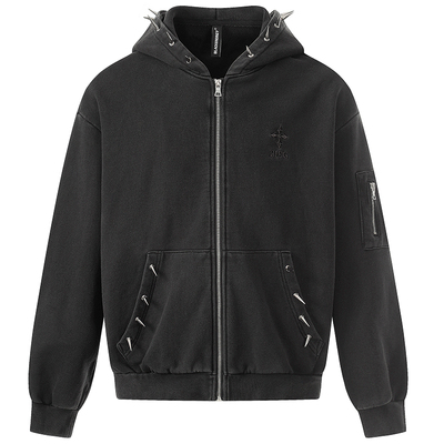 原创街头亚文化铆钉做旧连帽卫衣