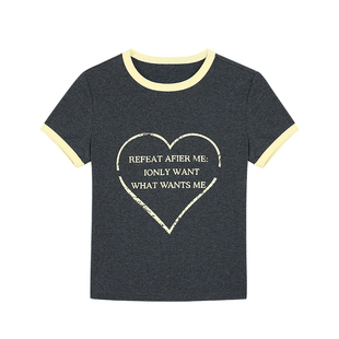 pusumede撞色字母设计感印花短袖t恤女修身短款气质针织正肩上衣