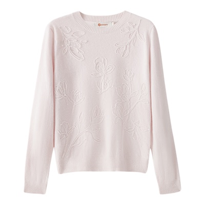 皮皮狗重工盘带绣兰花粉色羊绒衫