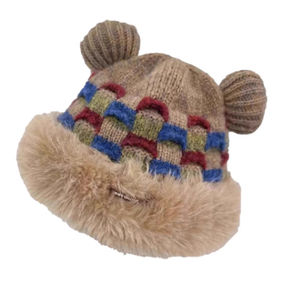 可爱拼色小熊耳朵针织帽子女秋冬季防寒保暖显脸小加绒护耳毛线帽