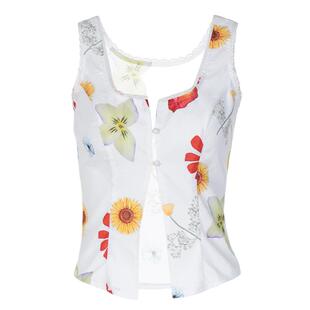 shemoda蕾丝拼接个性印花吊带背心女 设计感低领单排扣辣妹短上衣