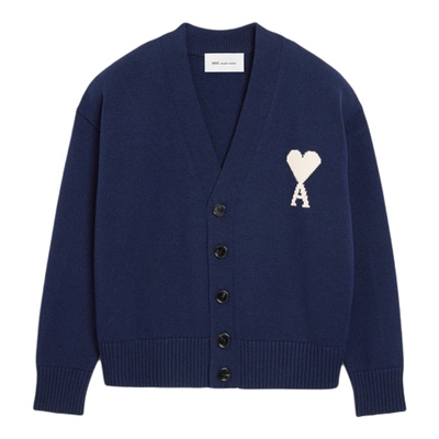 【早春新品】Ami Paris 男女同款墨色缩绒羊毛ADC开衫 V领针织衫