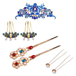 汉服发冠古风女明制宋制烧蓝头饰复古U钗簪子仿珍珠头冠古装发钗