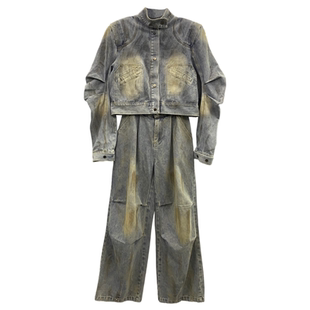 2026春季新款美式复古牛仔套装女复古做旧外套显瘦阔腿裤两件套潮