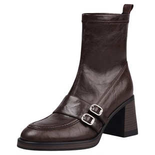 林可可真皮韩系粗高跟洋气小短靴带扣气质弹力百搭显瘦马丁靴