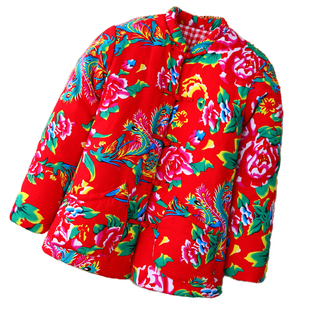 东北大花布夹棉棉服冬季加厚保暖修身长袖男女装外套民族风棉袄