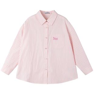 【草莓巴斯克】女童学院风条纹衬衫棉中大童粉白条上衣秋外套