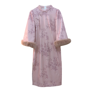 加绒版【自制款】新中式竹叶毛毛袖旗袍大码胖mm显瘦连衣裙冬季