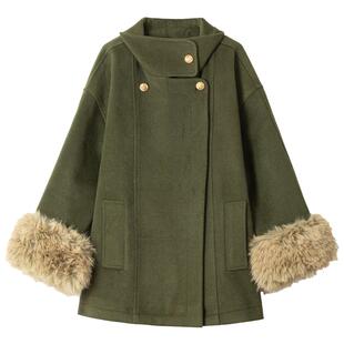 KEIKO [可卸毛袖]高级感橄榄绿廓形毛呢外套秋冬斗篷立领呢子大衣