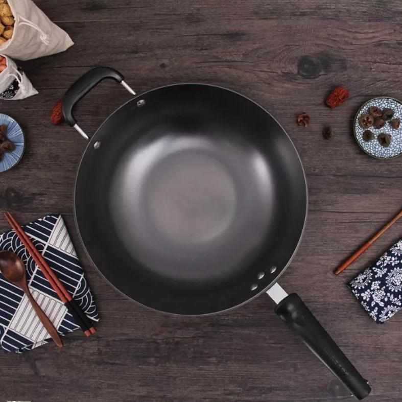 华邦老式炒菜锅铁锅家用无涂层双耳平底铸铁锅不粘锅传统生铁炒勺