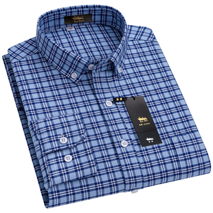 金盾纯棉衬衫男士长袖春季款中年爸爸宽松休闲全棉牛津纺格子衬衣