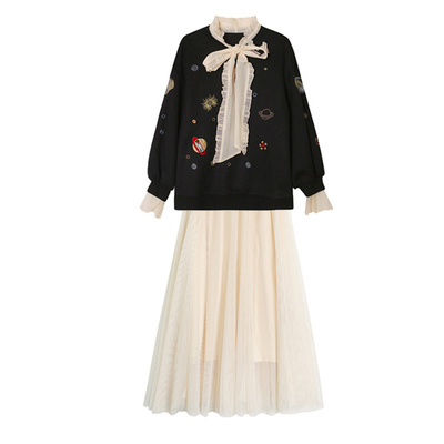 大码女装网纱仙女裙套装中长款冬装性感a字高腰连衣裙两件套