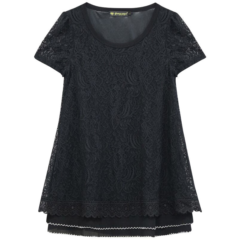 胖mmT恤女夏装胖人雪纺衫特大码肥胖女装显瘦衬衣宽松短袖蕾丝衫