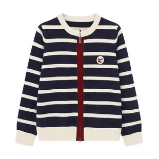 Basic House/百家好条纹撞色双头拉链毛衣女冬季圆领落肩开衫外套